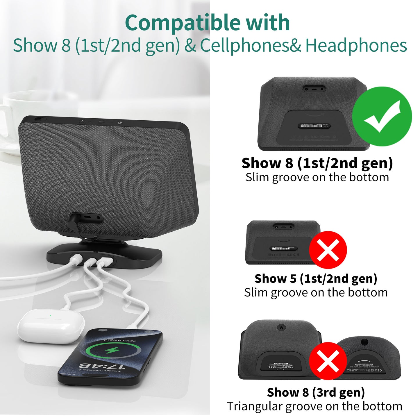 Adjustable Stand for Echo Show 8(1st & 2nd Gen) with USB-C/A Charging Port