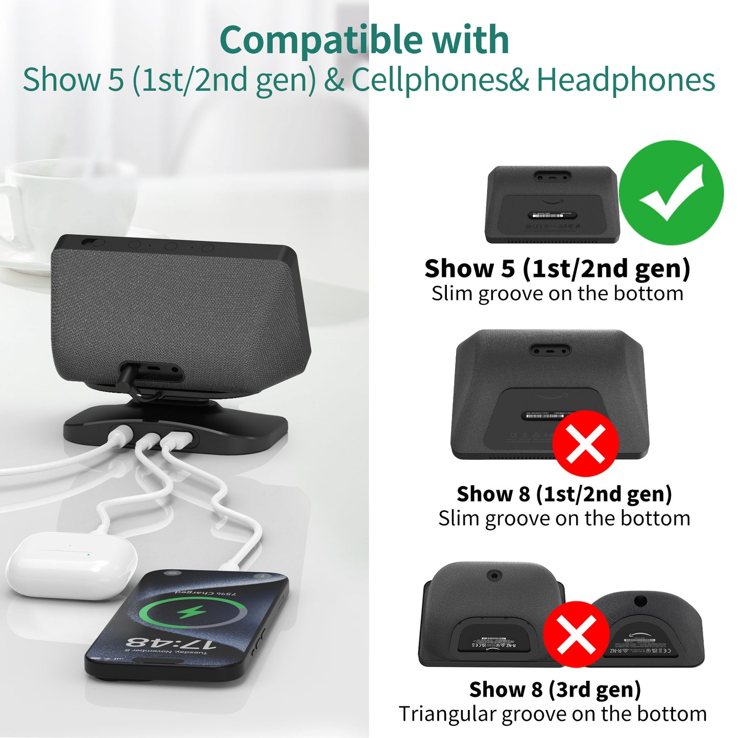 Adjustable Stand for Echo Show 5(1st & 2nd Gen) with USB-C/A Charging Port