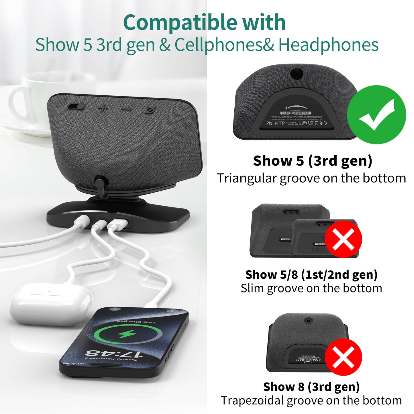 Adjustable Stand for Echo Show 5(3rd Gen) with USB-C/A Charging Port