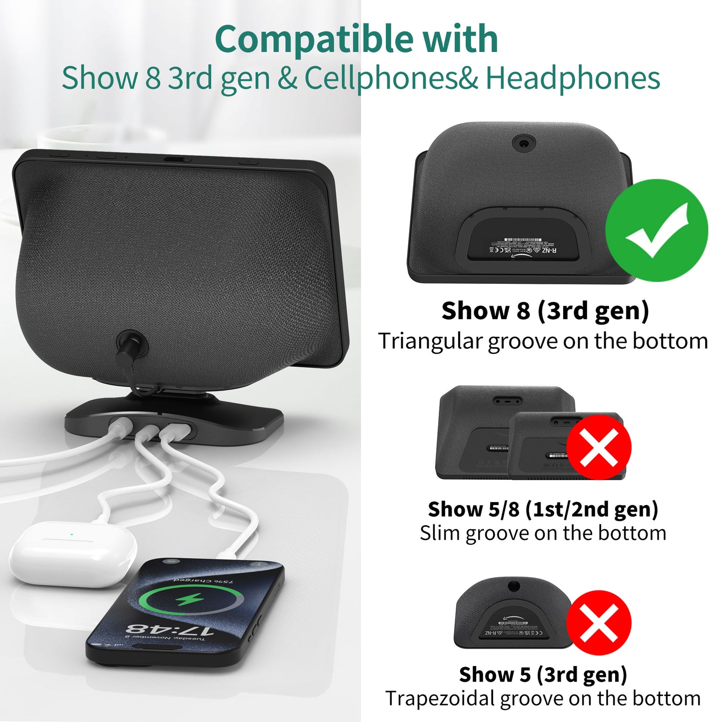 Adjustable Stand for Echo Show 8(3rd Gen) with USB-C/A Charging Port