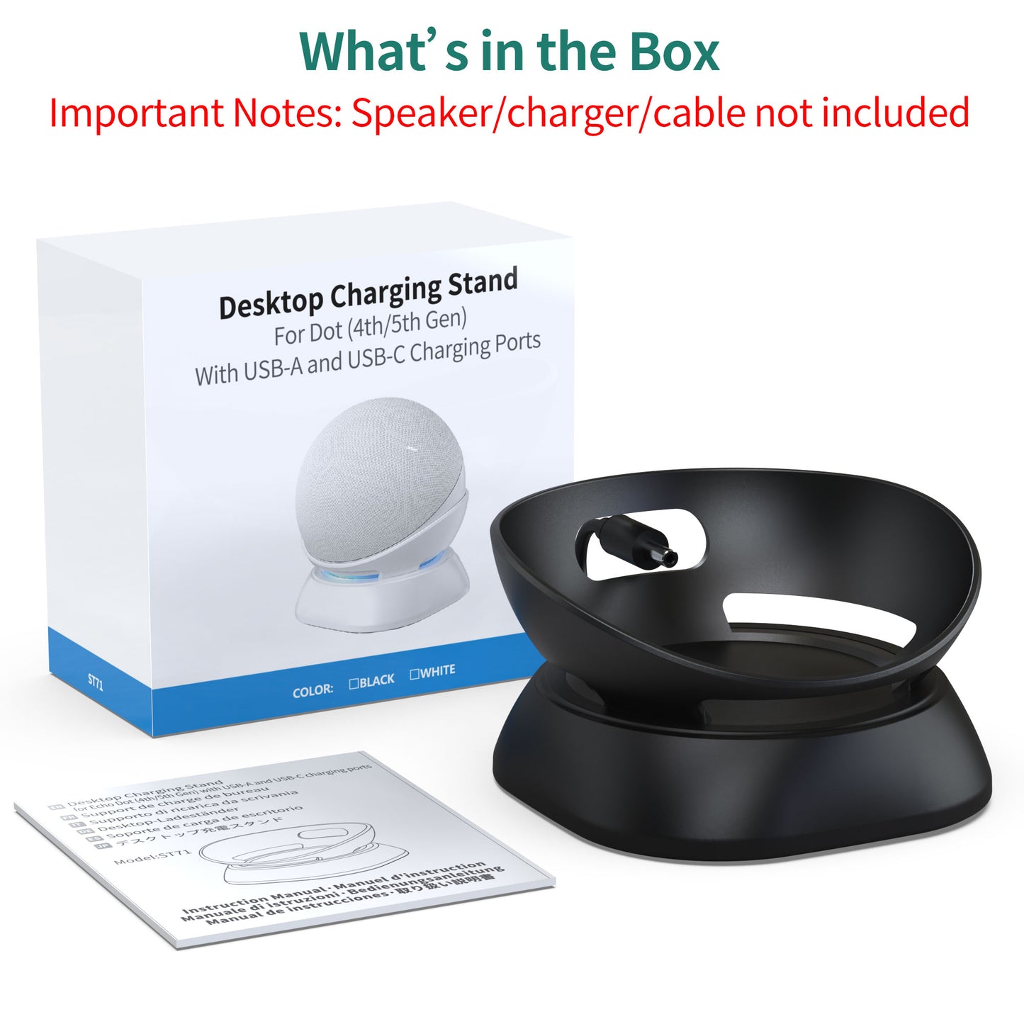Desk Stand for Echo Dot(4th/5th Gen) with USB-C/A Charging Port