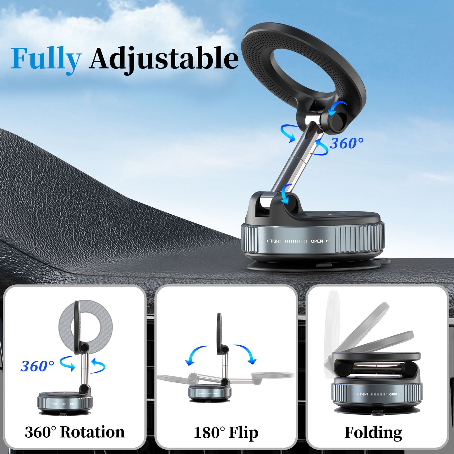 Multi‑Purpose Vacuum Suction Car & Wall Phone Mount – Strong Magnetic Hold, 360° Rotation, Reusable Nano Suction Pad
