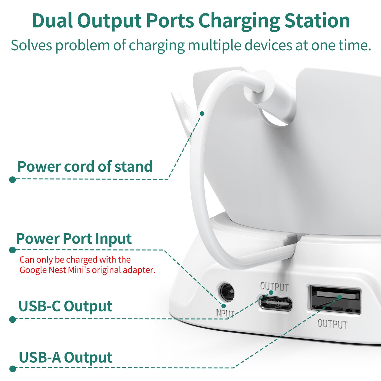 Charging Stand for Google Nest Mini (2nd Gen) with USB-C/A Charging Port